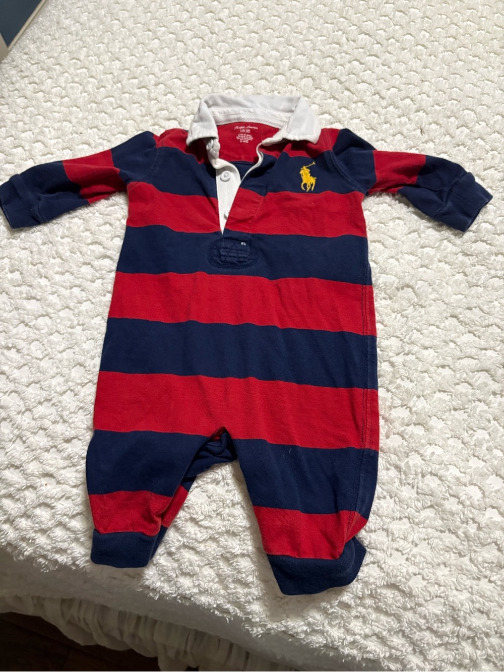 Polo by Ralph Lauren Red and Navy Striped Footed One-Piece
